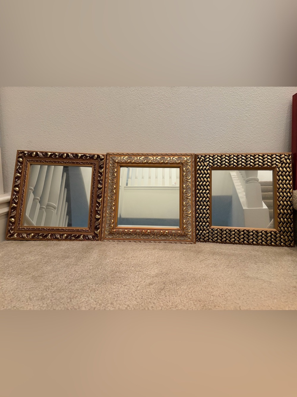 Set Of 3 Vintage Gold Gilt Ornate Wooden Framed Square Mirror 14x14”